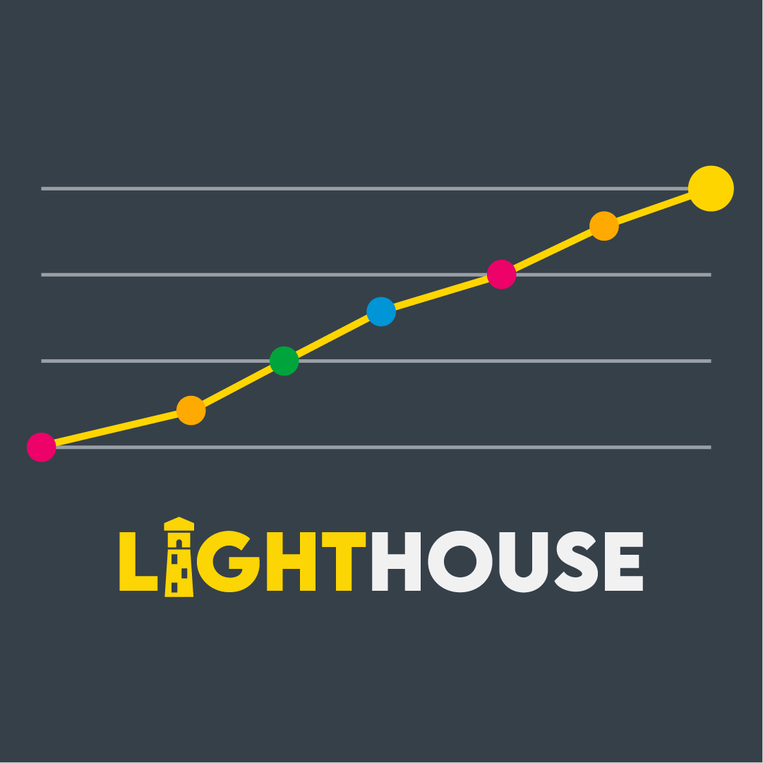 Illustration of a steadily rising line of release markers above the Lighthouse logo